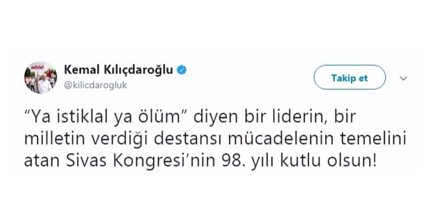 Kılıçdaroğlu’ndan Sivas Kongresi Mesajı